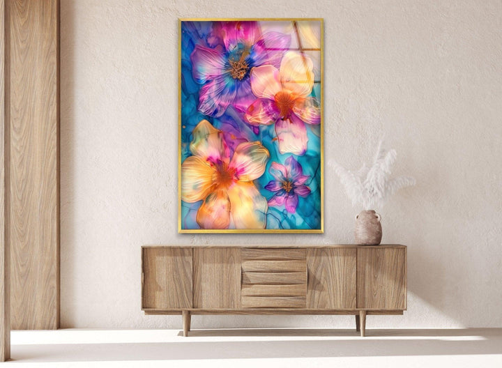 Abstract Pink and Blue Flower Glass Wall Art glass pictures for Wall, glass prints wall art
