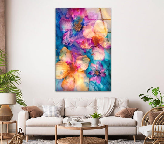 Abstract pink and blue flowers pop from this art from glass, featuring vibrant, eye-catching hues.