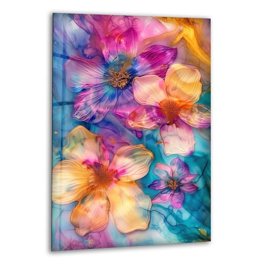 A delicate pink and blue floral design with realistic detail, showcased as tempered glass wall art.
