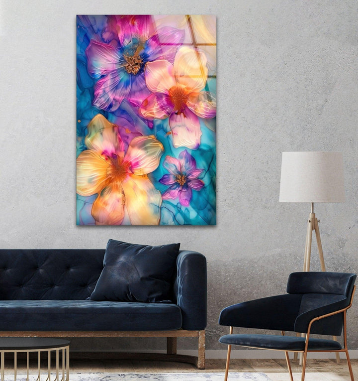 Abstract Pink and Blue Flower Glass Wall Art picture on glass wall art, photos printed on glass

