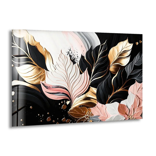 Flower glass wall art abstract gold pink leaf design and luxurious glass decor for home and office wall art decor
