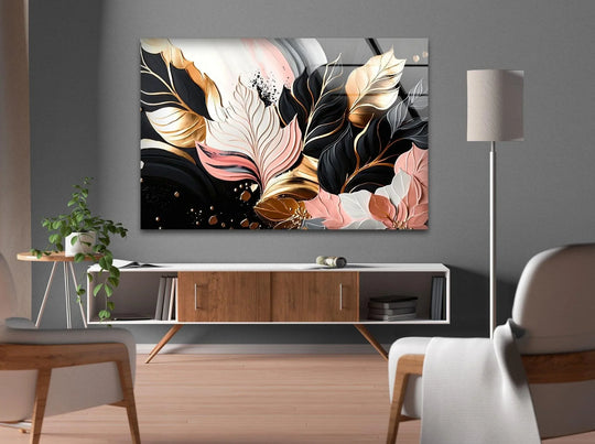 Flower featuring abstract pink and gold leaf art and luxurious glass decor plus elegant botanical design