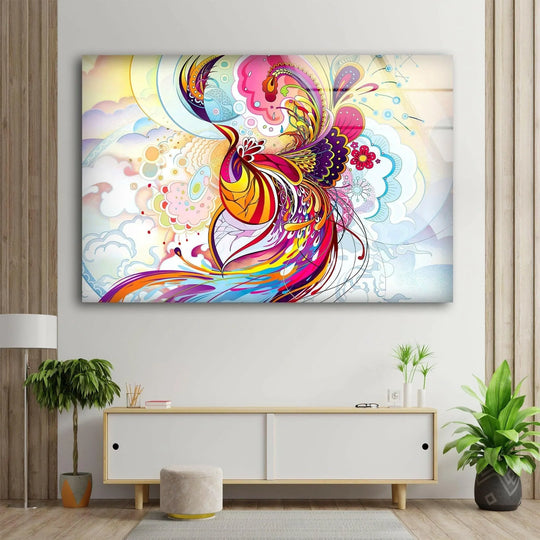 An abstract pink phoenix depicted in vibrant, layered glass printing artwork, with soft clouds forming a depthy background.