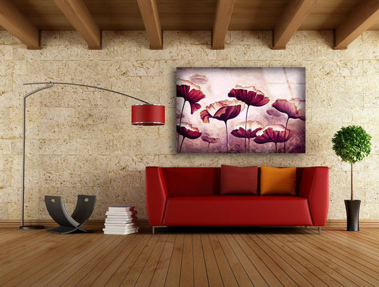Organic abstract pink poppy forms grace this elegant home decor glass wall art.