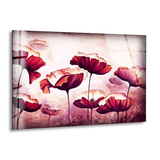 Vibrant red poppies create a striking color contrast against a soft pink and white background on this stunning glass wall artwork.
