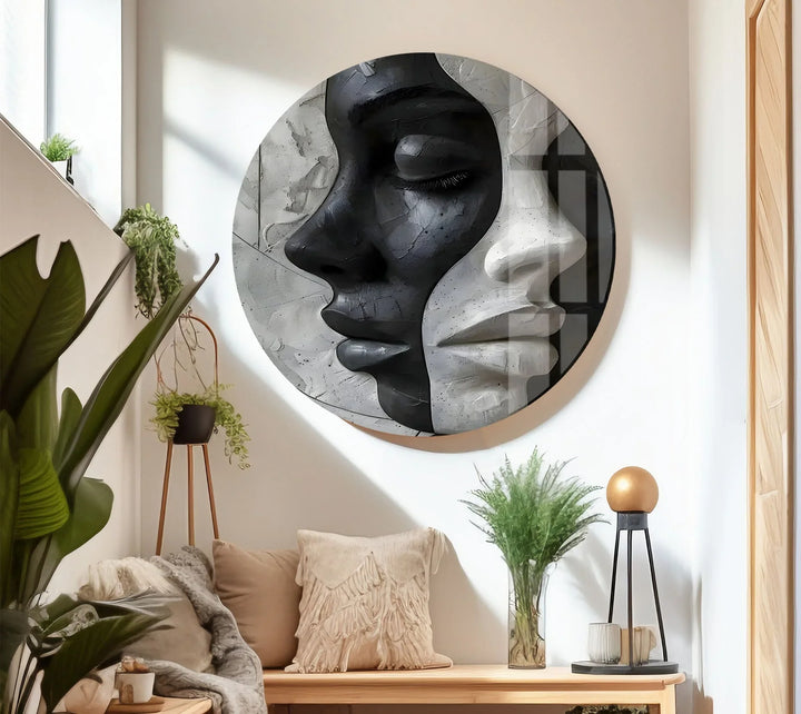 Black and white abstract wall art with split female profiles expressing emotional contrast.
