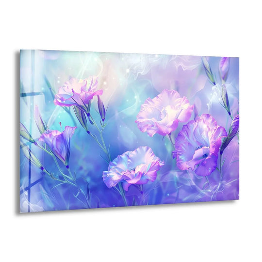 Subtle light reflects off the glass, casting delicate shadows on the abstract purple floral print wall art, highlighting the artwork's ethereal texture.