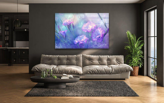 Glimmering cocktails and a coffee table book rest in the foreground beneath the abstract purple floral hanging wall art.
