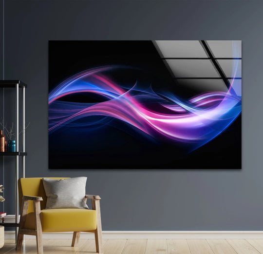 The edge of the abstract purple line glass wall art features a glossy finish with subtle reflections, showcasing the modern wall prints.
