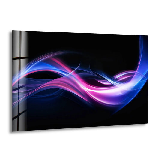 Abstract purple and blue light streaks flow across a black background in this dynamic art from glass.