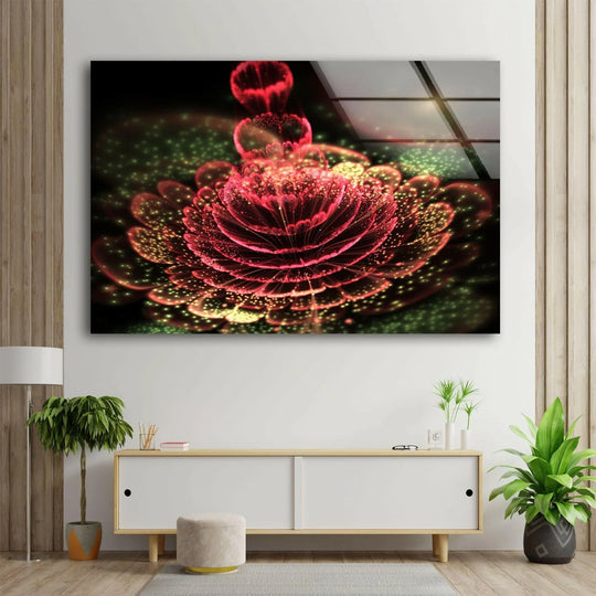 Vibrant abstract red flower glass wall art, boasting exceptional material quality on durable tempered glass prints.