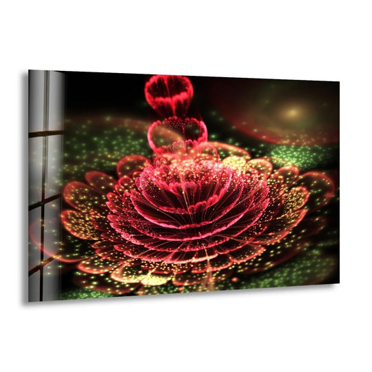Intensely saturated abstract red flower glass wall art, a vibrant home decor piece with glowing yellow and green accents.