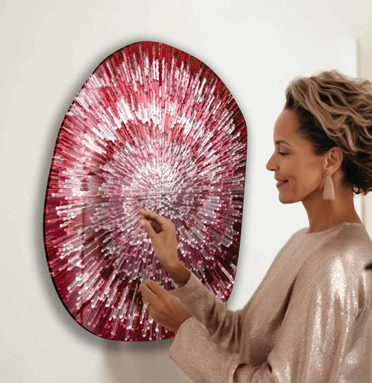 Abstract Red Lines Oval Glass Wall Art, picture on glass wall art, photos printed on glass
