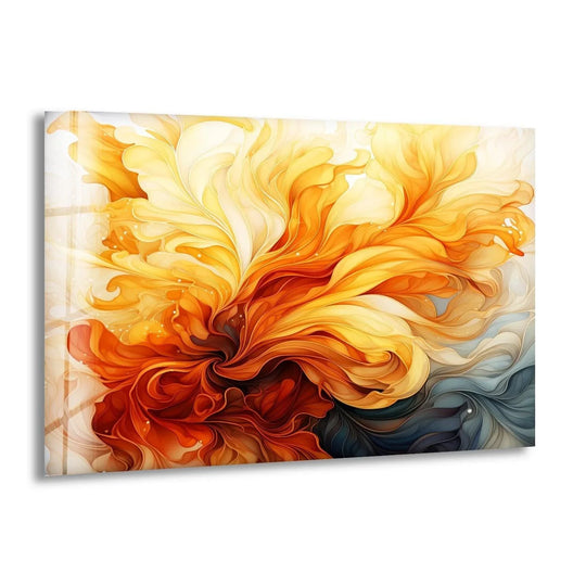Dark navy and charcoal swirls dominate the bottom of this abstract glass wall artwork.