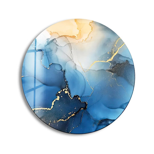 Layering effect highlights the depth of the abstract round glass wall art, showcasing the intricate glass printing and the blend of blue alcohol ink creating a stunning visual.