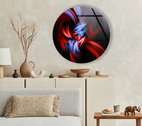 Showcasing the layering effect, this abstract round glass wall art provides unique modern wall decor with layered blue and red hues swirling in a captivating design.