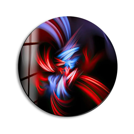 The central subject features abstract round blue and red glass wall artwork with mesmerizing lines that converge to create a vibrant focal point.