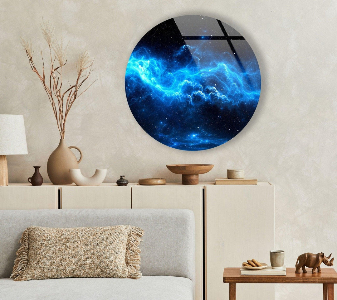 Abstract Round Blue Space Glass Wall Art glass art painting, glass art for the Wall
