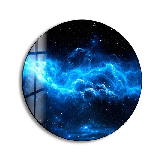 The focal point showcases an abstract round blue space glass wall art piece, offering unique modern wall decor with its star-speckled nebula design.