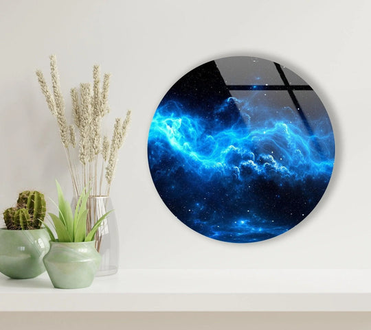 Subtle gradations of light and shadow define the abstract round blue space glass wall art decor, creating a celestial, ethereal ambiance.