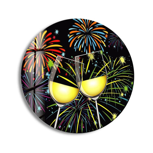 Visual rhythm is created in this abstract round cocktails glass wall art through the alternating colorful fireworks and celebratory wine glasses, providing a cheerful home decoration.