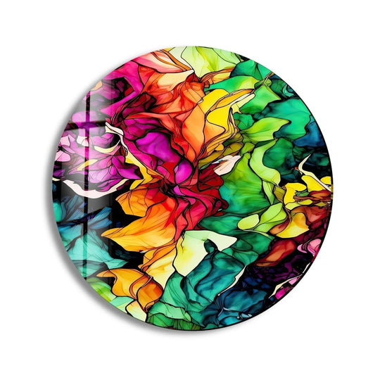 Warm and cool color temperatures collide in this abstract round colorful oil art print wall art on glass, creating a dynamic and visually stunning piece.