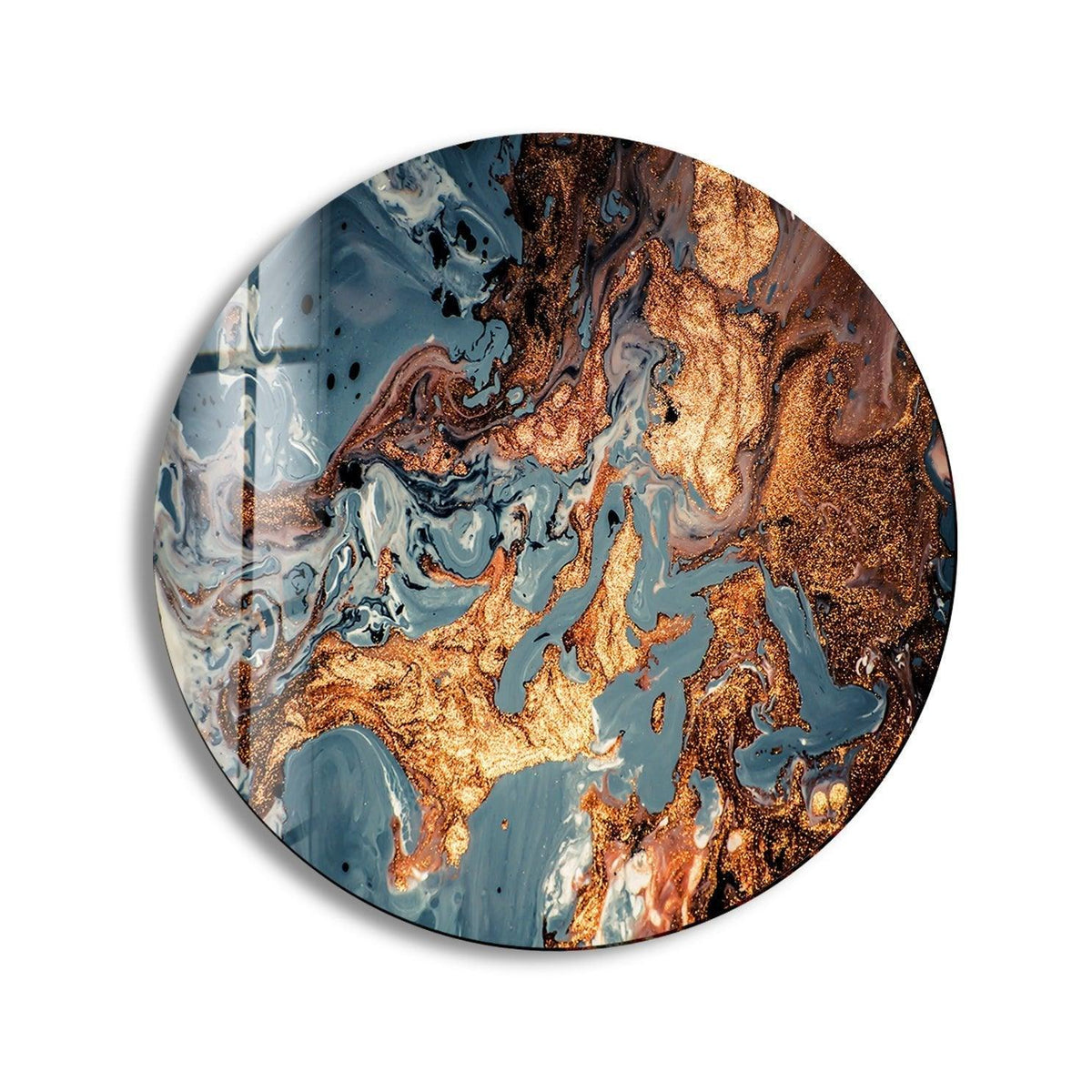 Featuring a glossy finish, this abstract round copper glass wall art offers an exquisite home decoration, showcasing swirling patterns of gold and slate hues.