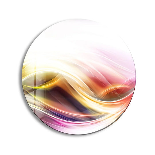 Warm and cool colors intertwine within this round abstract glass wall artwork, creating an elegant gradient of light and shadow.