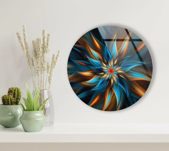 Fluid organic forms converge in this abstract round fractal blue glass wall artwork, creating a captivating floral-inspired design on clear glass.