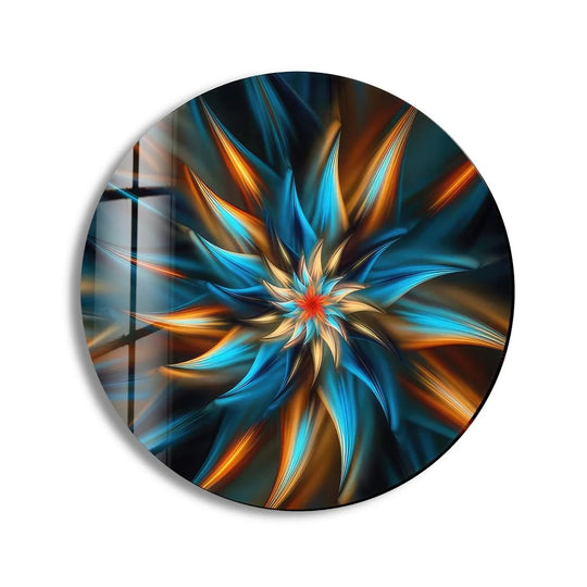 Radiating from a central point, this abstract round fractal wall art features sharp, geometric petals in blue and orange hues, showcasing unique modern wall decor elements in a circular design.