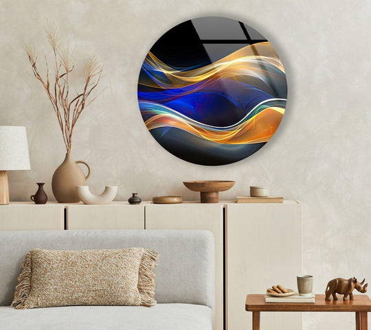 Showing the abstract quality of the round glass wall art, the swirling gold lines create a modern home decor statement piece.