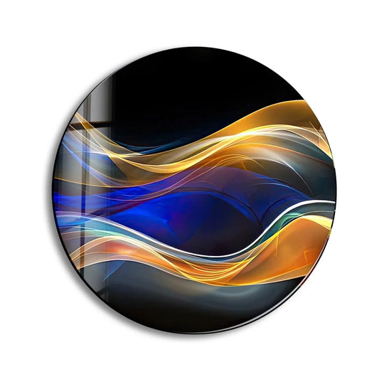 The darkest area of this abstract round glass wall art accentuates the vibrant gold lines, making it an eye-catching piece of home decoration.