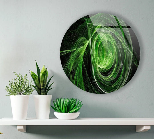 Striking color contrast highlights swirling shades of green and black in this abstract round glass printing wall art.