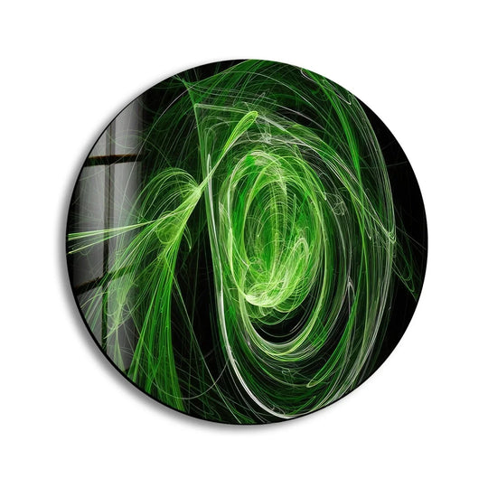 The swirling geometric elements form a mesmerizing abstract design in this round green print wall art, offering a vibrant focal point.