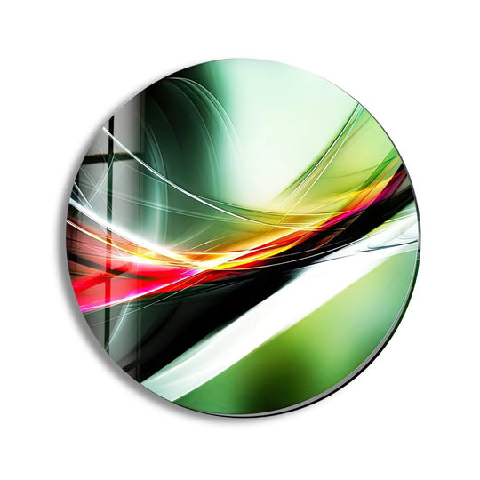 Energetic mood emanates from this abstract round glass wall art, with its vibrant blend of green and orange hues creating dynamic and captivating glass art.