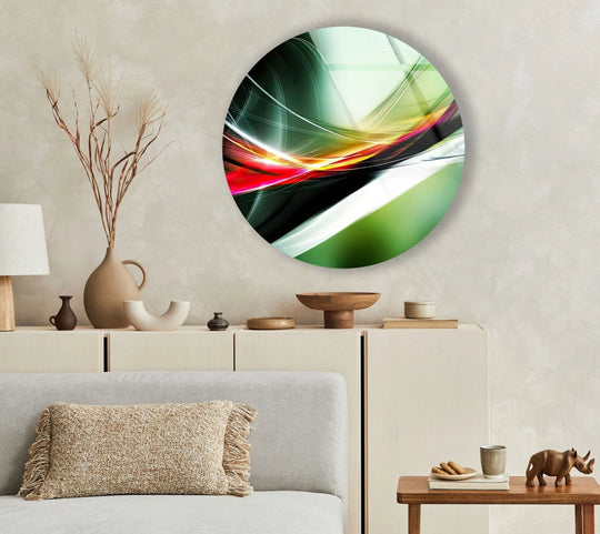 Negative space emphasizes the elegant, circular design of the abstract round green and orange glass art, showcasing a captivating composition of light and vibrant hues in tempered glass art.