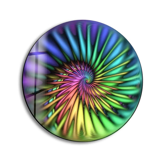 Transitioning hues define this abstract round green spiral glass wall art, creating a mesmerizing spectrum of colors that embody unique wall art prints.