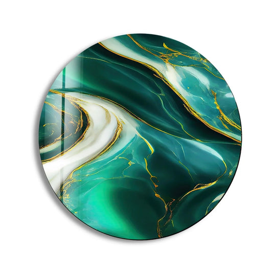 Dominant green hues swirl across this abstract round glass wall art, making it one of the best glass art pieces for adding a touch of elegance.