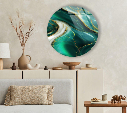 Dominant green hues swirl across this abstract round glass wall art, a captivating glass art painting featuring accents of white and gold.