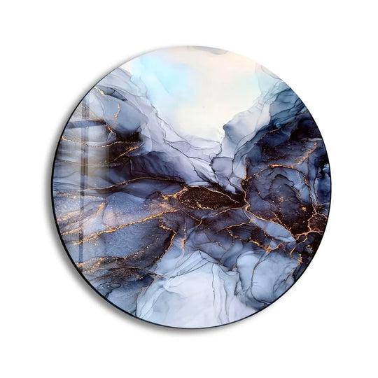 The focal point of this abstract round grey glass wall art features captivating gold accents within a fluid design, perfect for modern home decor.