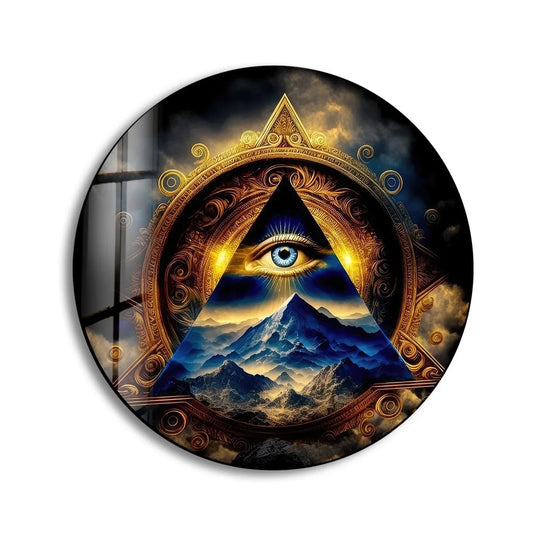 Circular-oriented abstract illuminati design defines this compelling glass wall art decor, featuring a captivating eye within a triangular and mountainous landscape.