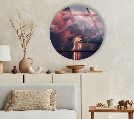 The realistic detail highlights an abstract round lightning glass art painting, showing bright lightning bolts dramatically reflected in the water.