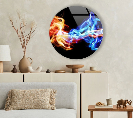 Showcasing vibrant orange and blue abstract glass art, this round wall decor piece adds a touch of modern artistry to any room.
