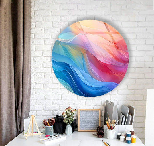 Depth and layers are enhanced by flowing shades in this abstract round pink and blue glass art, a mesmerizing visual depth to any space.