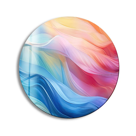 Multiple translucent layers create depth in this abstract round pink and blue art from glass, forming a captivating and colorful wall art piece.