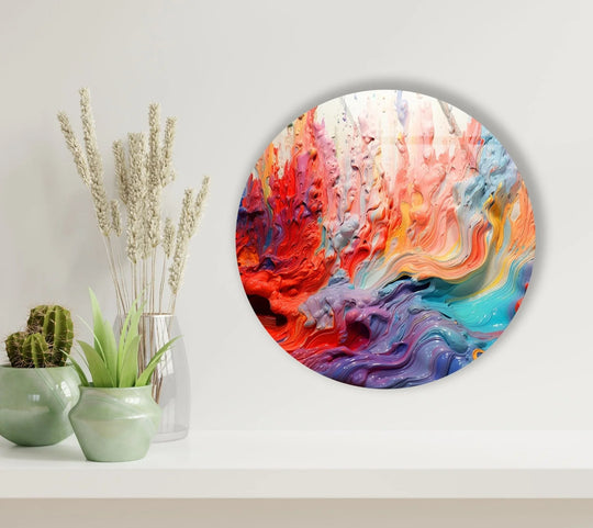 Deepest within the swirling purple shades of this abstract round pink oil art from glass, the wall art design draws the eye.