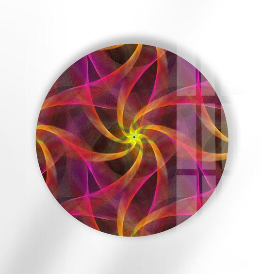 The loudest element in this abstract round pink and orange wall decor is the swirling spiral pattern showcased within this best glass art piece.
