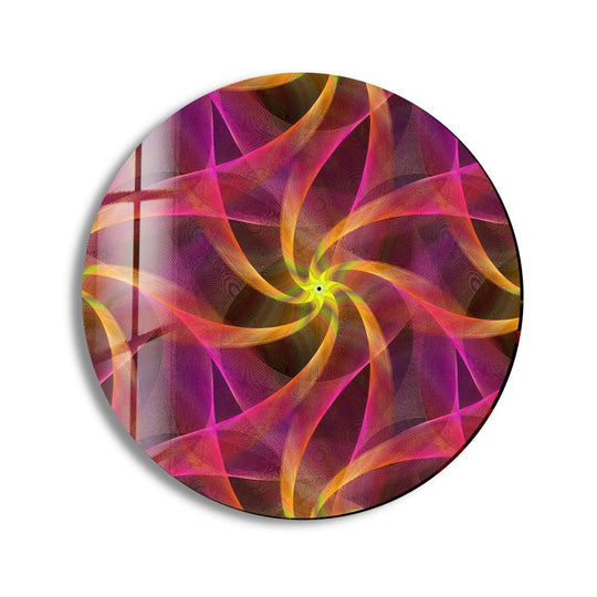 Capturing attention, the abstract design swirls vibrantly, making it the best glass art in this pink and orange round glass wall art.
