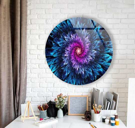 Featuring a circular edge, this abstract round purple and blue tempered glass wall art displays vivid colors against the white brick wall.