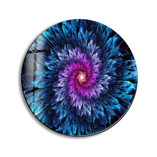 The realistic detail showcases the swirling design of this abstract round purple and blue glass wall art, making it a captivating piece of home decor.